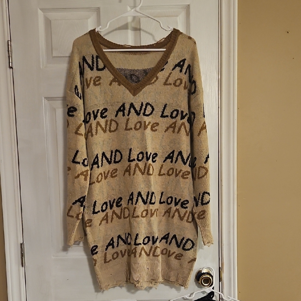 Beige Love Print Distressed Sweater Dress
